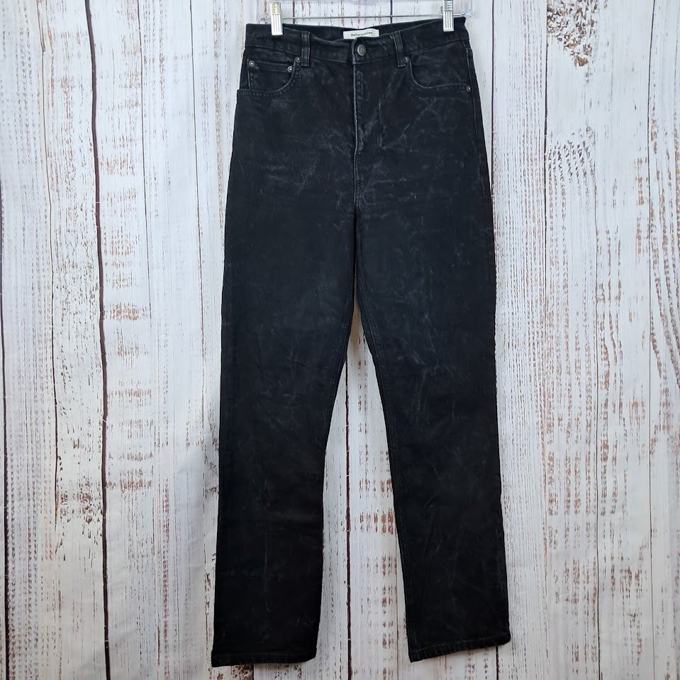 Reformation Cynthia 28 High Rise Straight Leg Jeans Black Acid Wash Denim